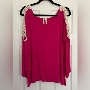 Pink cold shoulder crocheted arm detail women’s blouse with angled hem